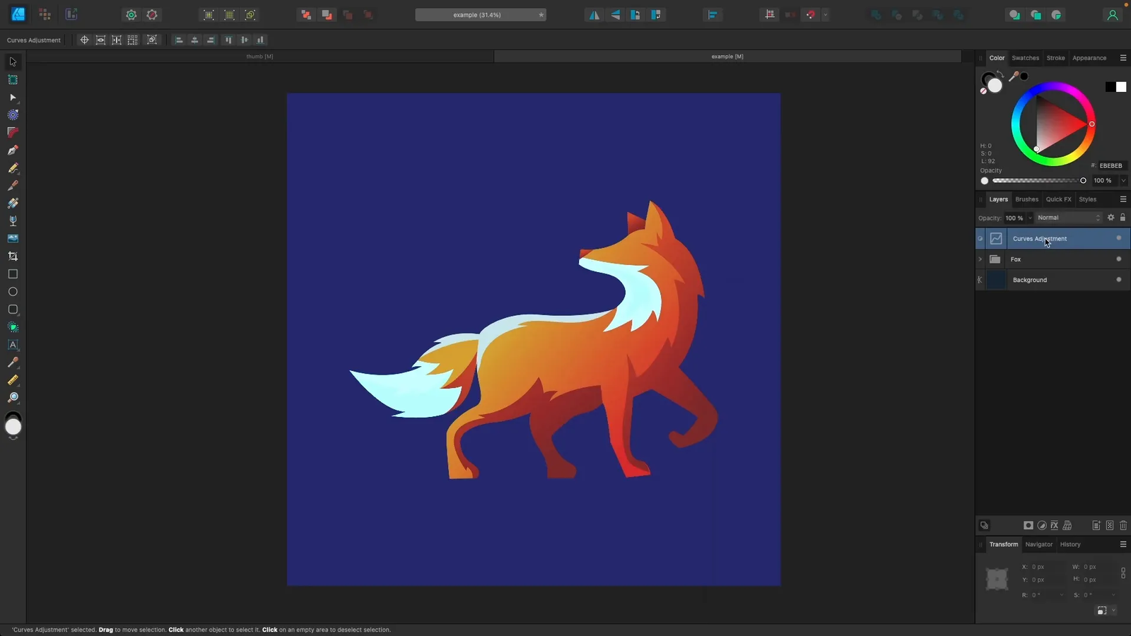 Interfața Affinity Designer cu opțiuni vector și pixel