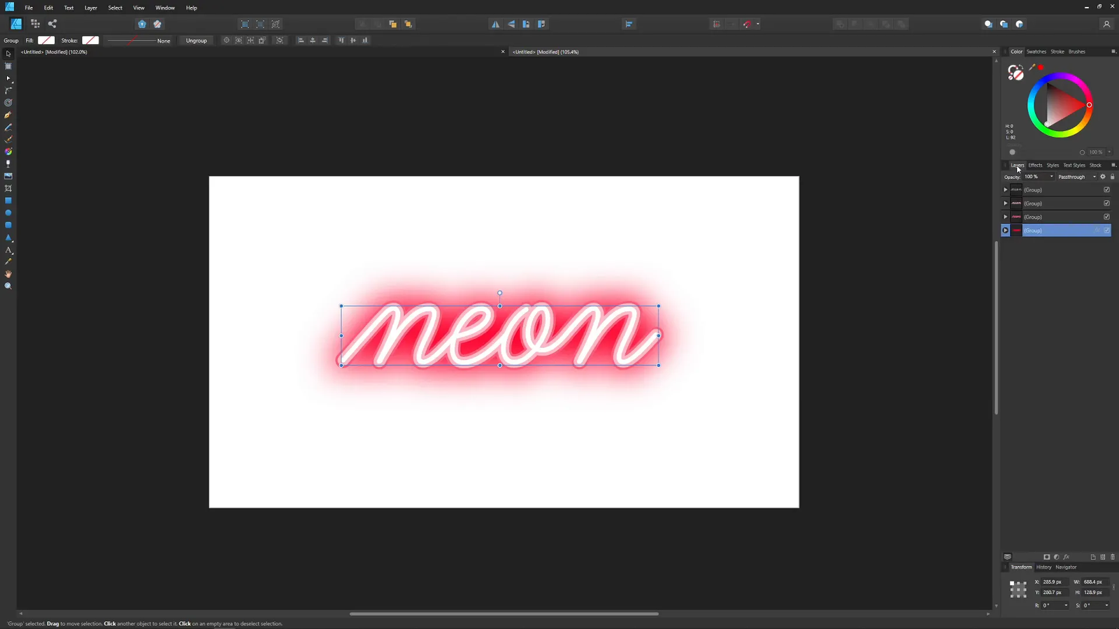 Aplicarea Gaussian Blur pentru strălucirea neonului în Affinity Designer