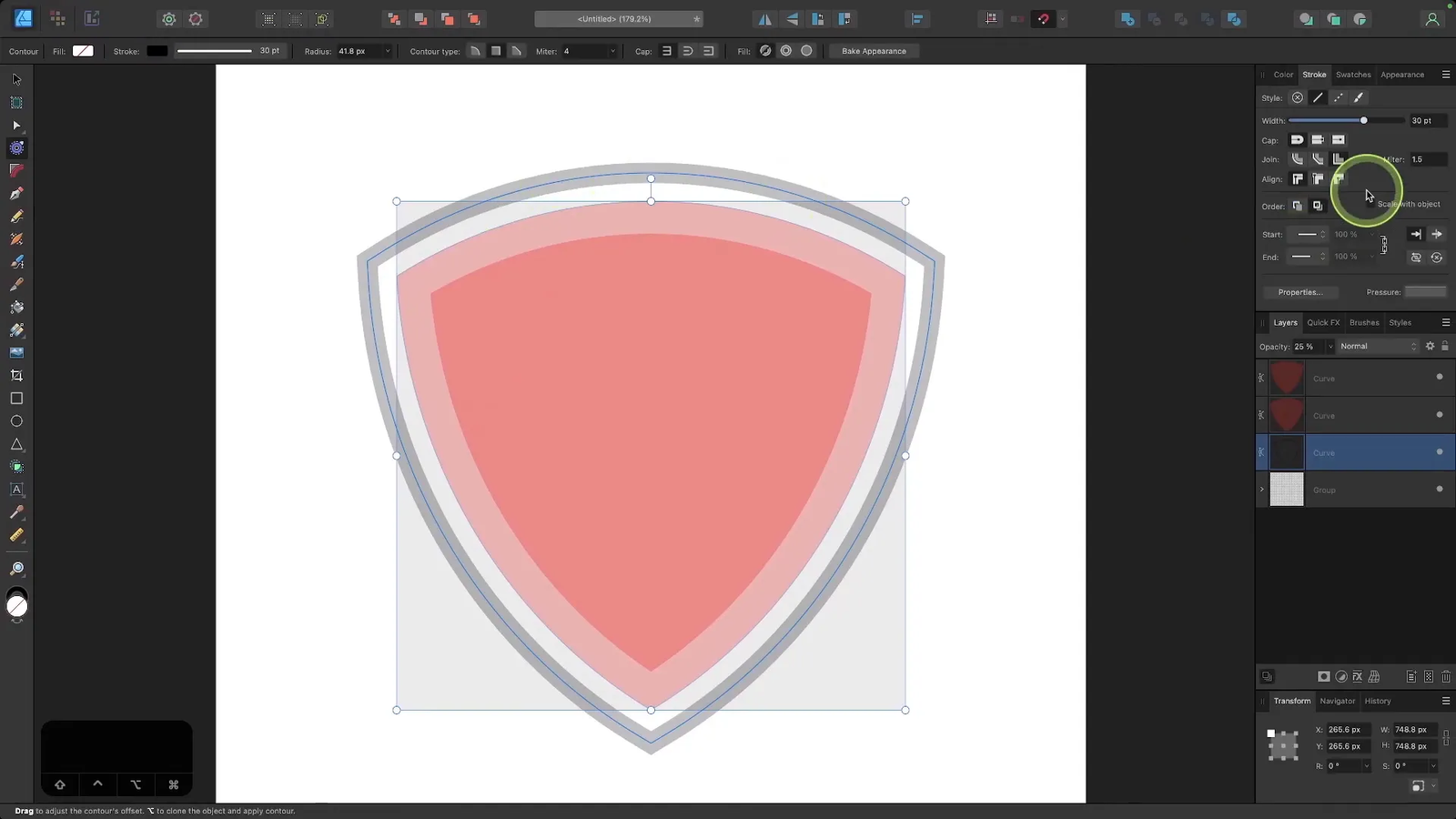Scut cu bordură și contur interior creat în Affinity Designer