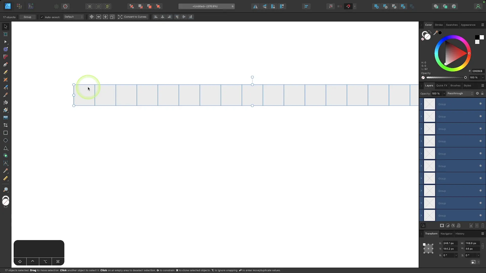 Grilă de 17x17 pătrate create în Affinity Designer