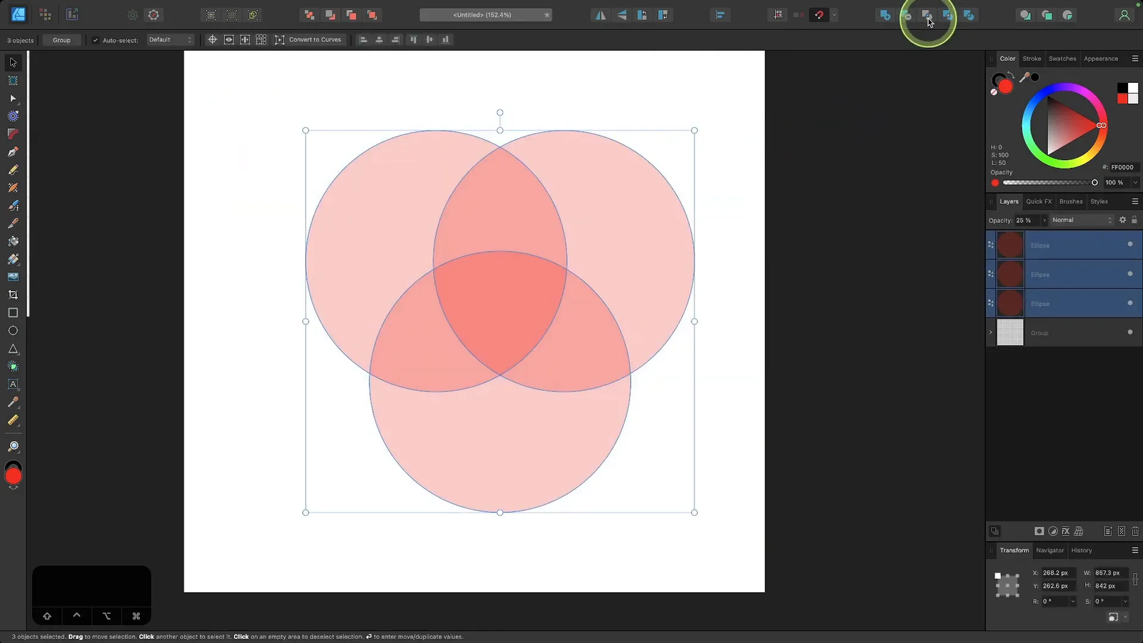 Formarea scutului din intersecția a trei cercuri