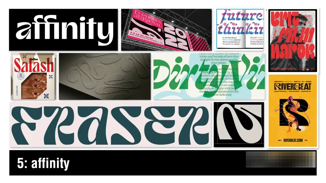 Colaj clar cu titlul '5: affinity' care arată tipografie curbată și exemple Affinity.