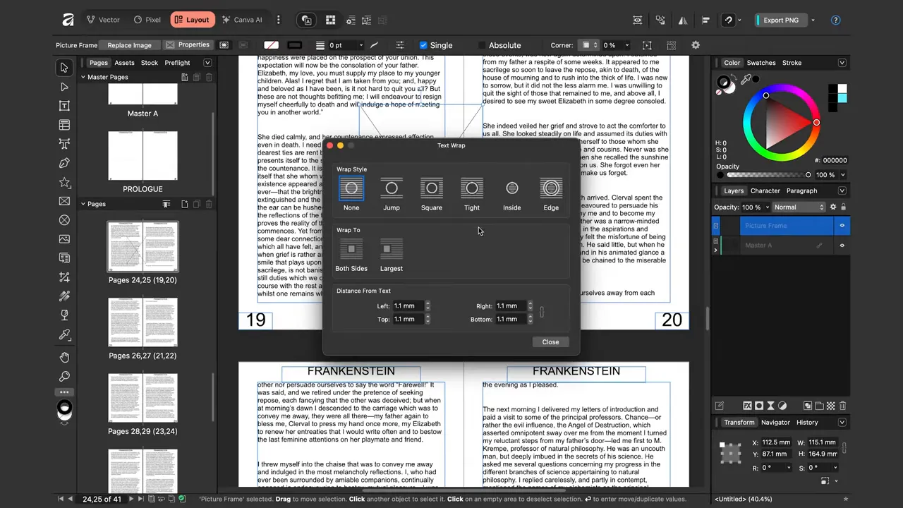Dialog Text Wrap în Affinity afișând opțiuni de wrap (None, Jump, Square, Tight, Inside, Edge) și setări de distanță.