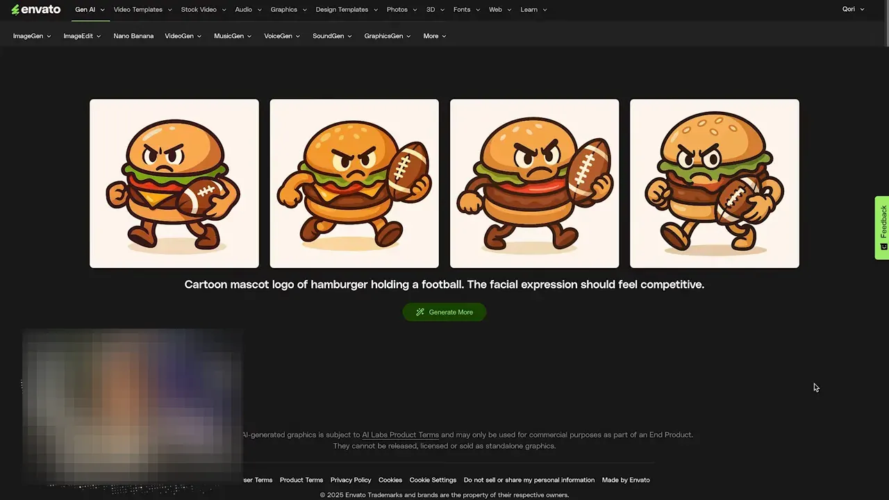 Grid de patru imagini cu un logo mascotă hamburger ținând o minge, afișare rezultate AI pe site.