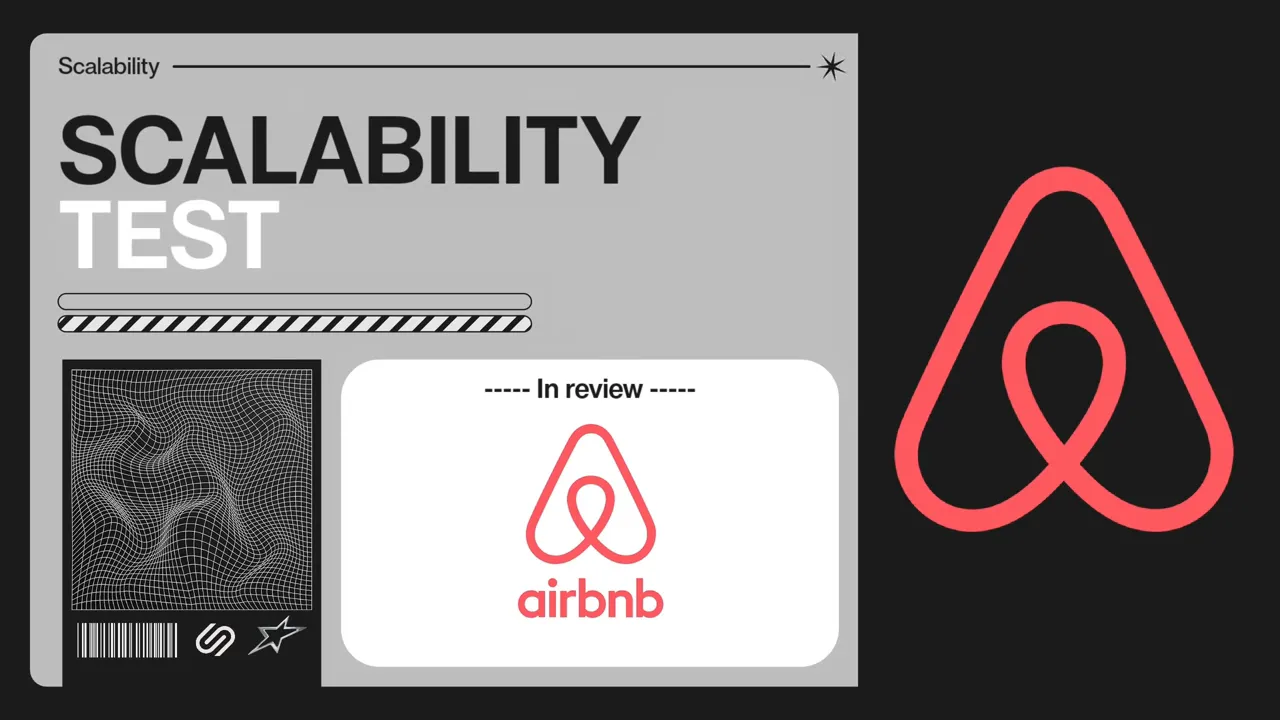 Slide 'Scalability Test' cu logo-ul modern Airbnb (Bélo) mare pe partea dreaptă şi versiunea cu wordmark în centrul ramei, ilustrând scalabilitatea şi utilitatea unui simbol redus.