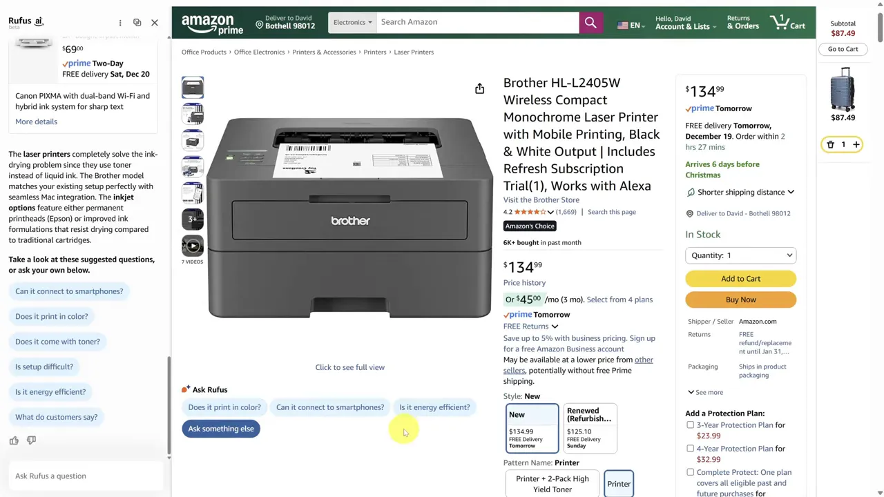 Amazon product listing for Brother HL-L2405W with Rufus suggestions and price visible