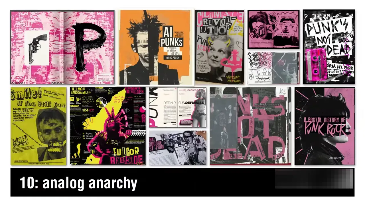 Colaj clar cu postere și pagini ilustrând estetica 'Analog Anarchy', etichetat '10: analog anarchy'.