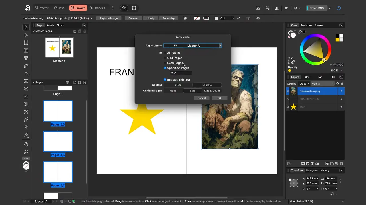 Dialogul Apply Master în Affinity Layout cu opțiuni pentru All/Odd/Even/Specified Pages