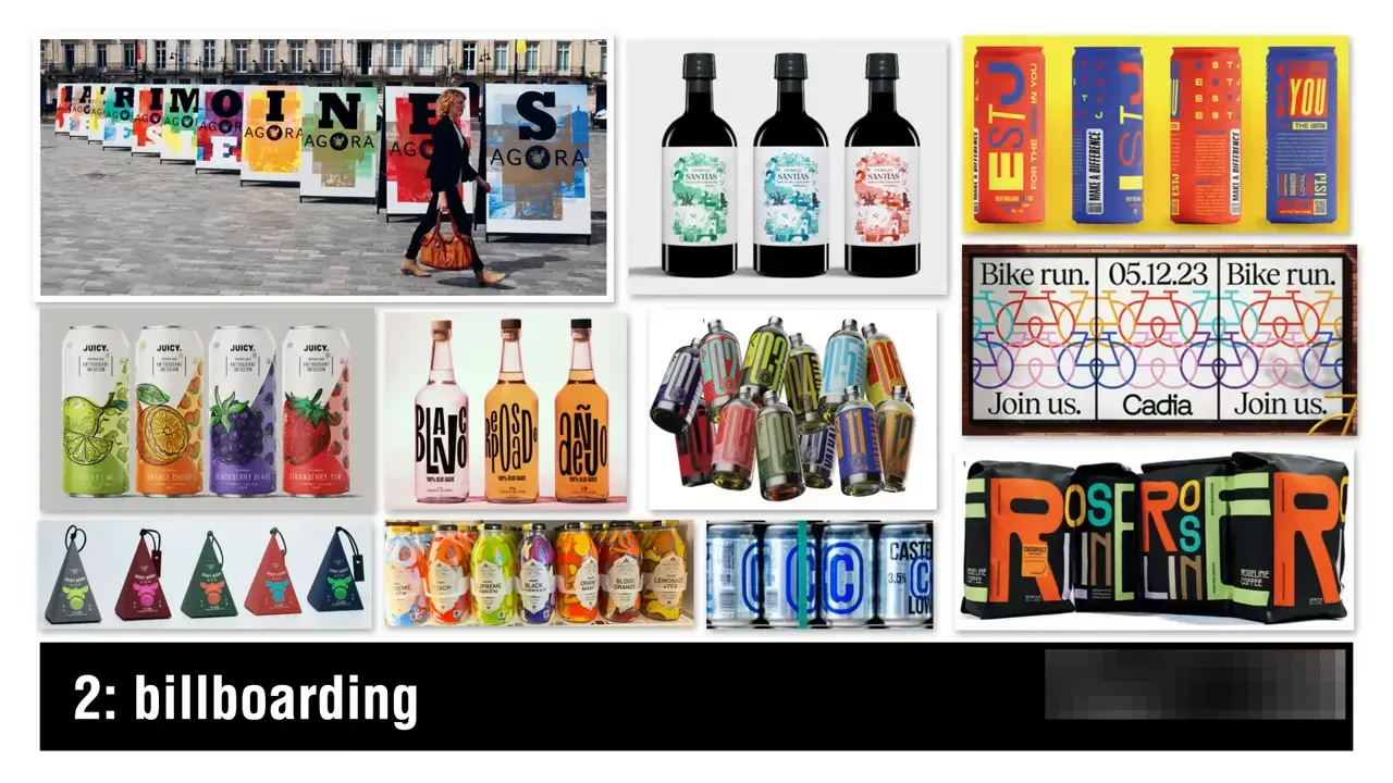 Colaj clar de postere și ambalaje cu titlul '2: billboarding' ilustrând unitatea vizuală