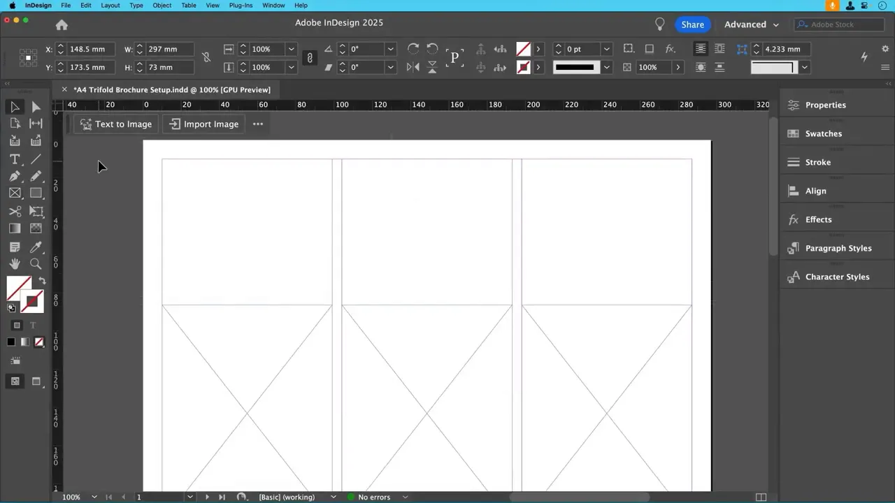 Layout trifoliu în Adobe InDesign cu trei cadre de imagine reprezentate prin X-uri placeholder, arătând alinierea pe coloane