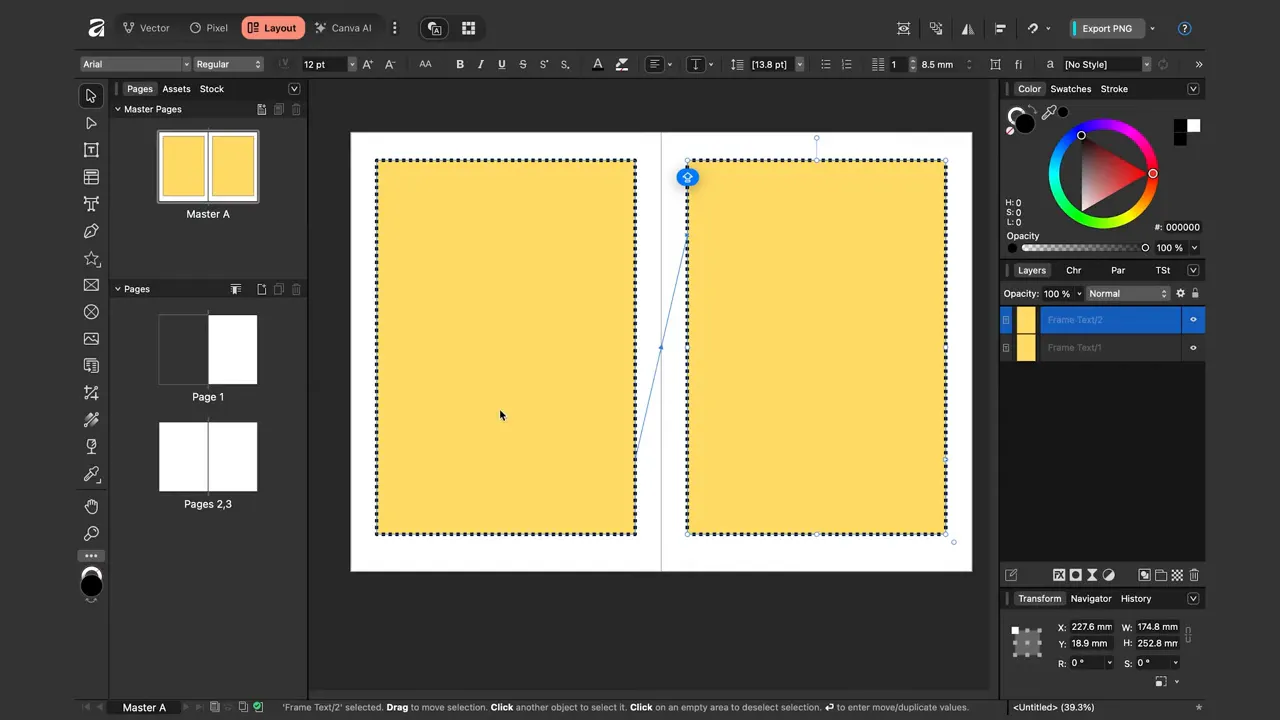 două cadre text conectate în Affinity Layout cu săgeată de legătură