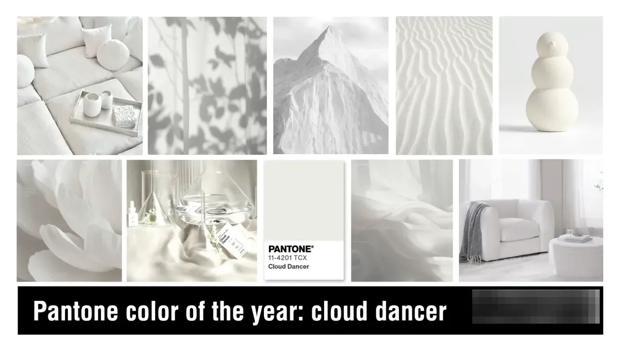 Matrice de referință cu mostra Pantone 'Cloud Dancer' și imagini subtile în tonuri de alb, text 'Pantone color of the year: cloud dancer'.