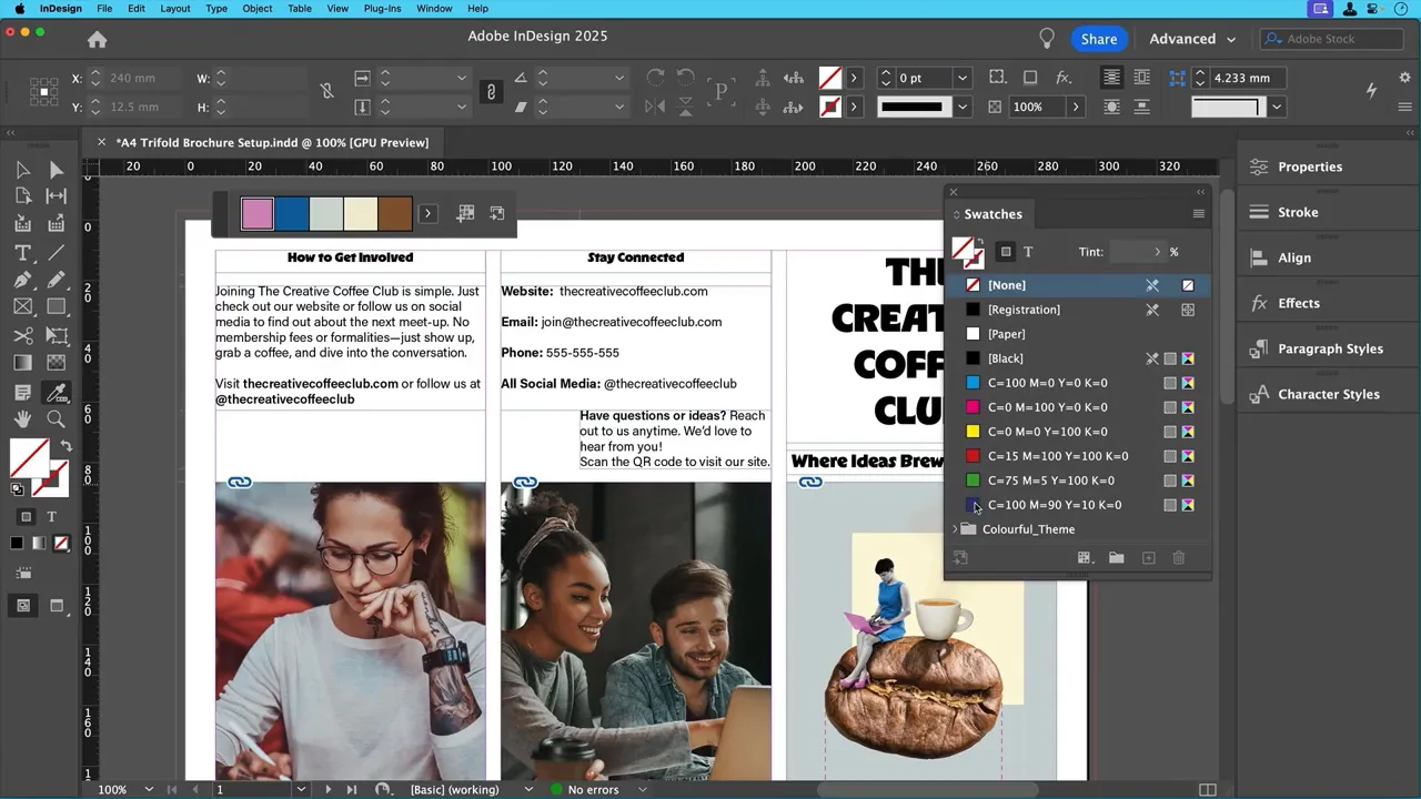 InDesign showing the color theme swatch strip above the document and the Swatches panel open on the right
