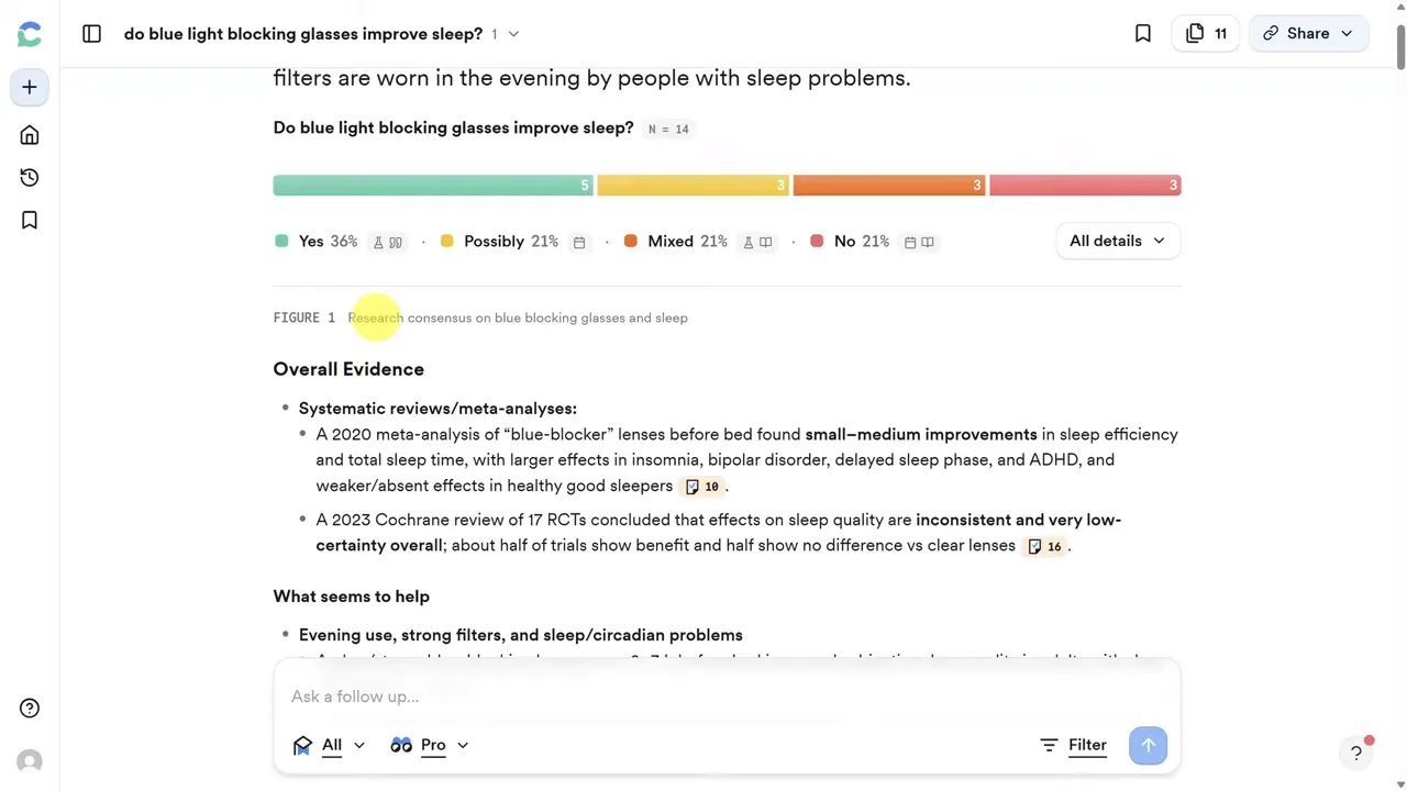 Captură Consensus cu bara de consens și titlul 'Overall Evidence' pentru studii despre ochelari anti-lumină albastră