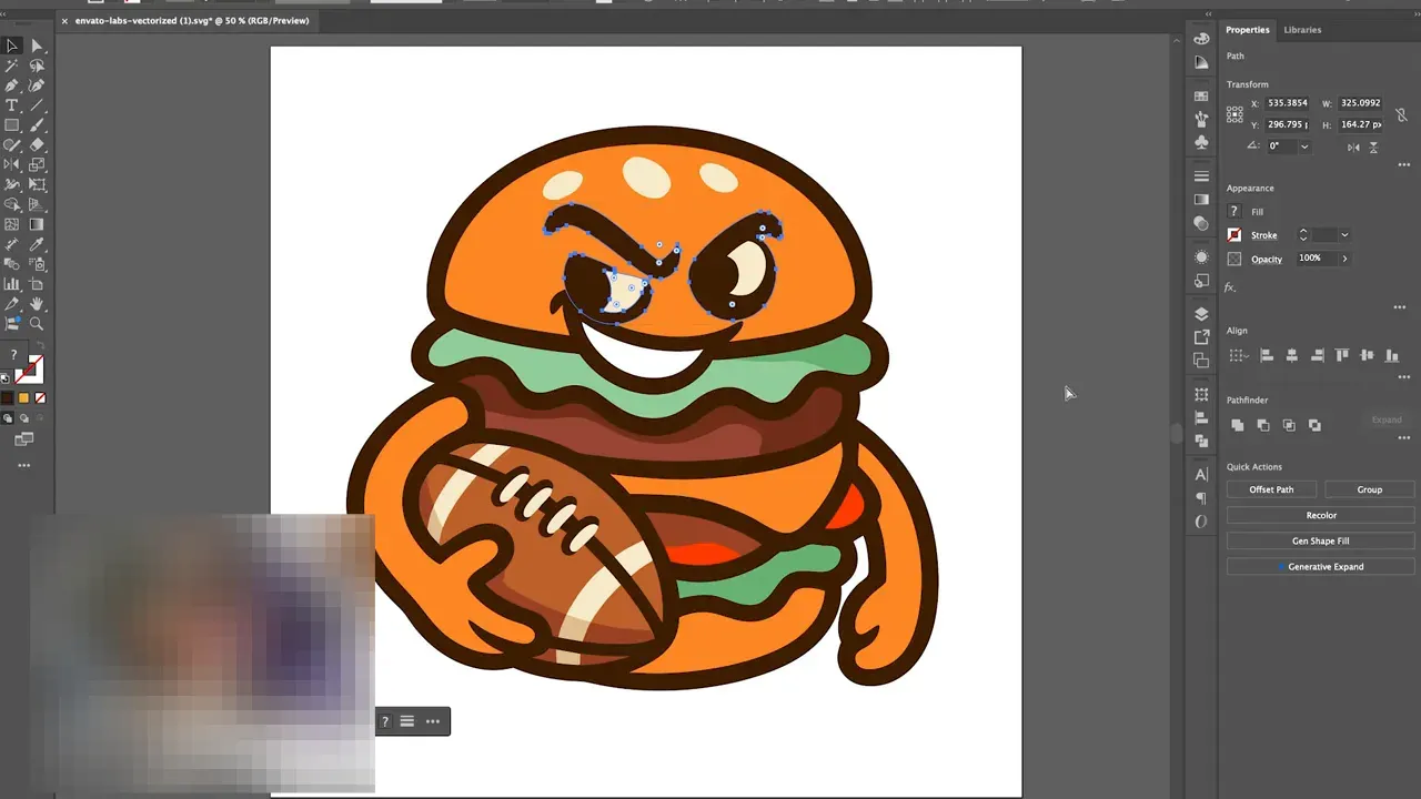 Prim-plan al pictogramei burger în Adobe Illustrator cu puncte de ancoră selectate pe trăsături
