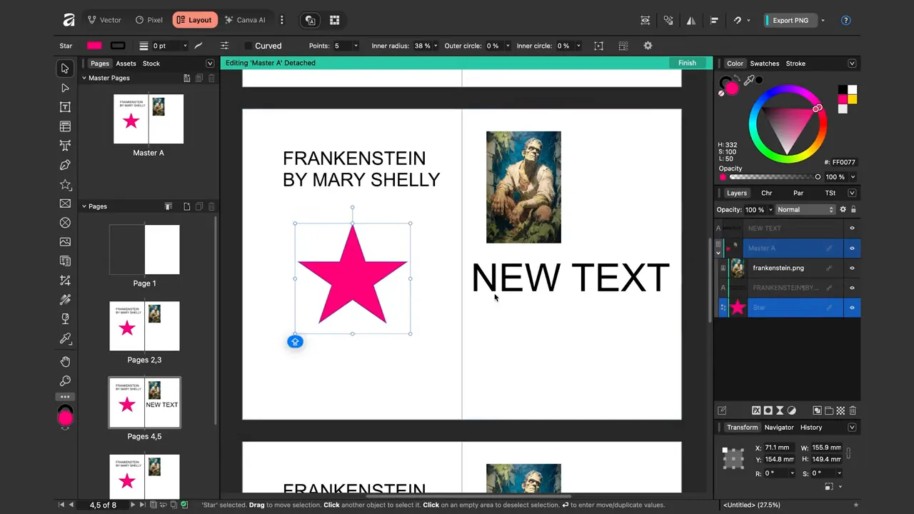 Ecran Affinity Layout care arată bara „Editing Master A Detached”, stea selectată cu chenar de transformare și panourile Pages şi Layers.
