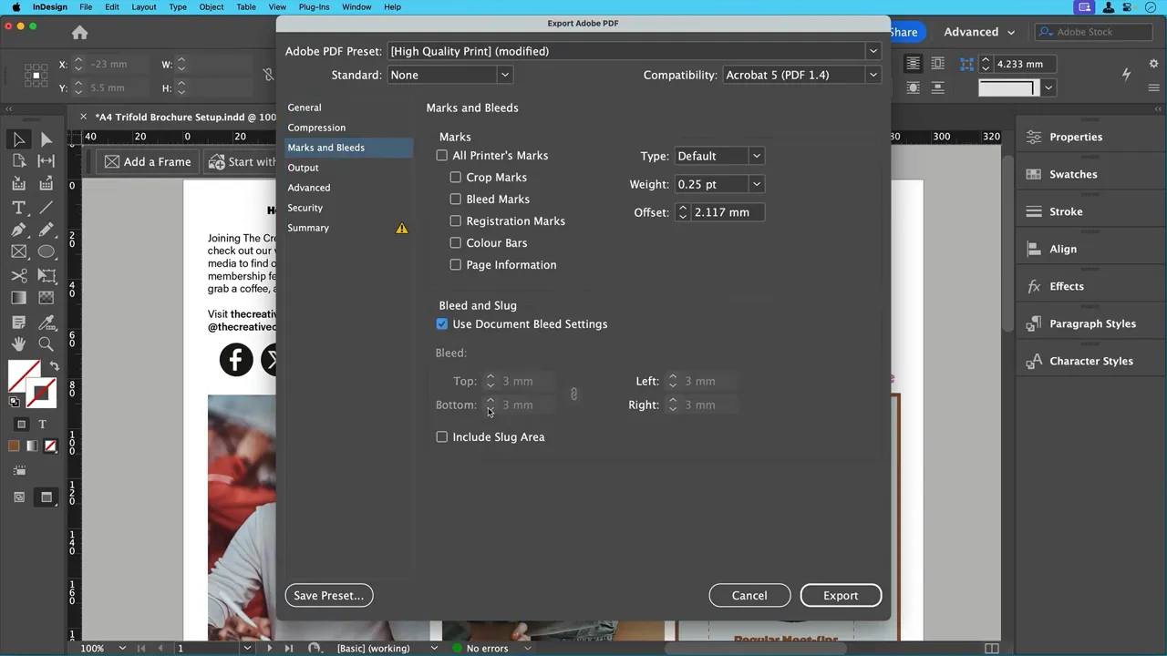 Fereastra Export Adobe PDF cu 'Use Document Bleed Settings' selectat și butonul Export vizibil.