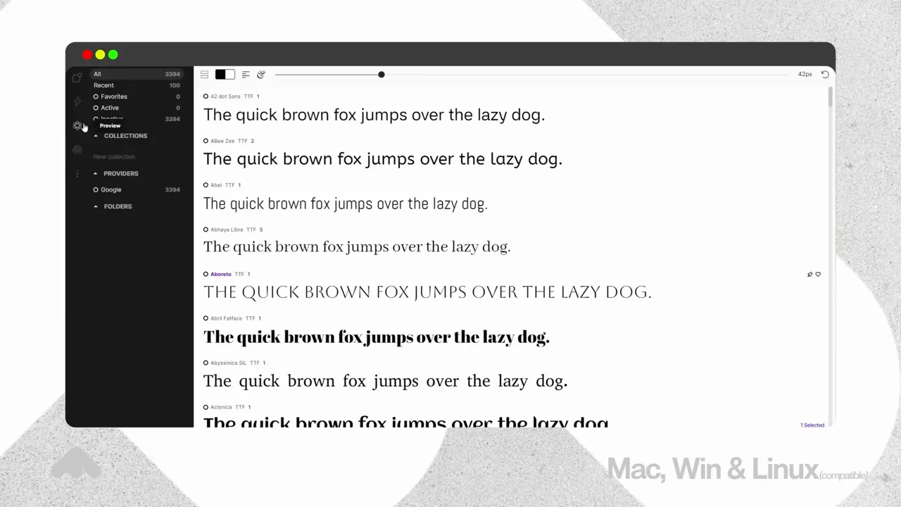 Previzualizare de fonturi în FontBase cu mai multe mostre 'The quick brown fox jumps over the lazy dog' afișate pentru comparare.