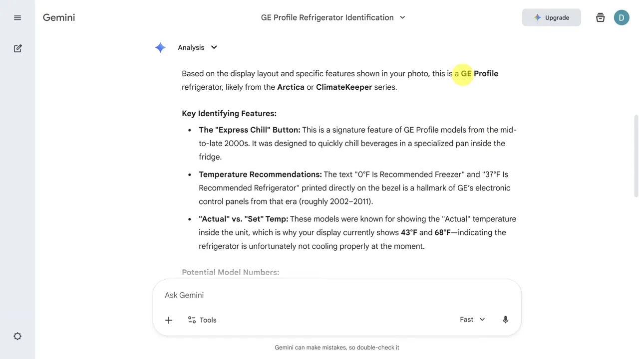 Răspunsul Gemini care spune 'this is a GE Profile' cu puncte cheie de identificare afișate