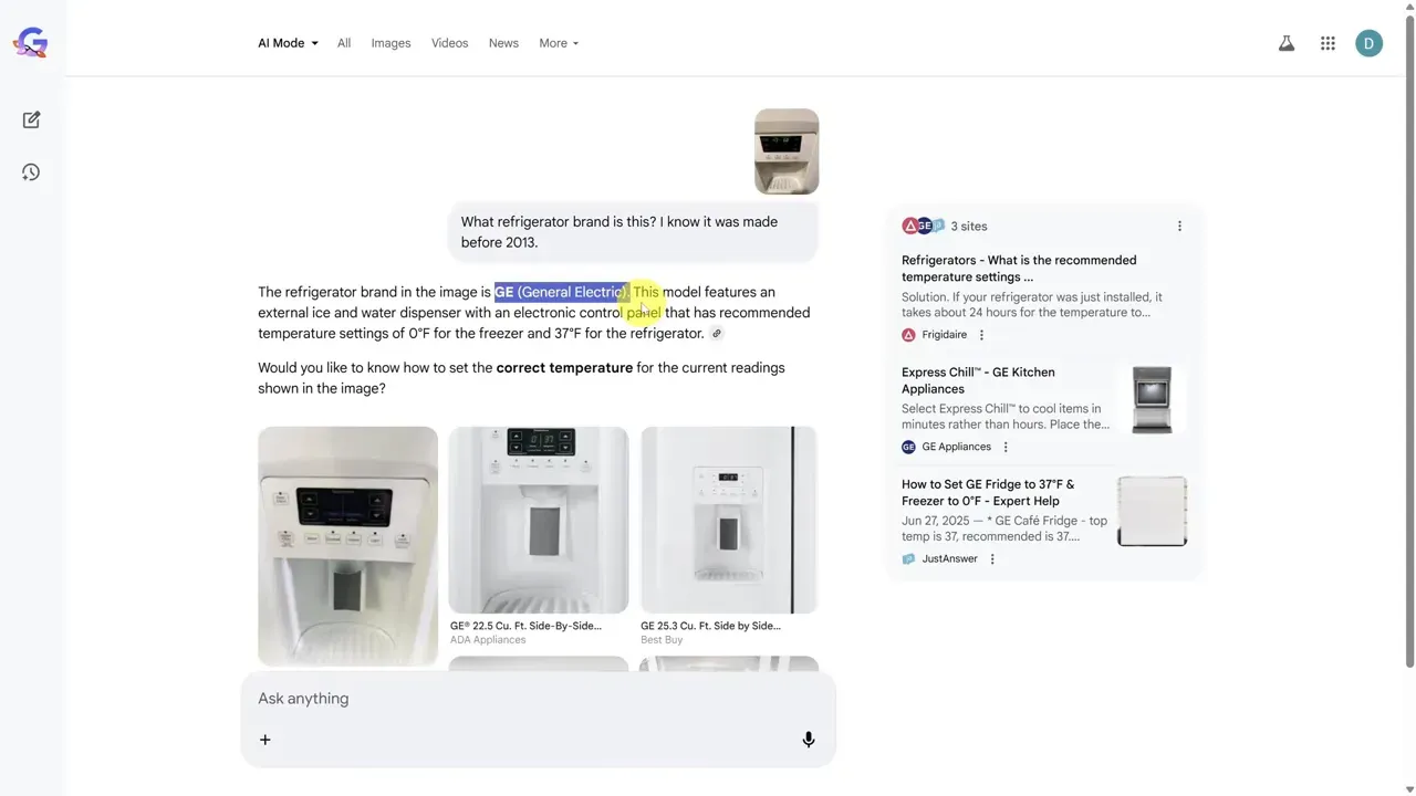 Google AI Mode identifică frigiderul ca GE și afișează rezultate și imagini conexe