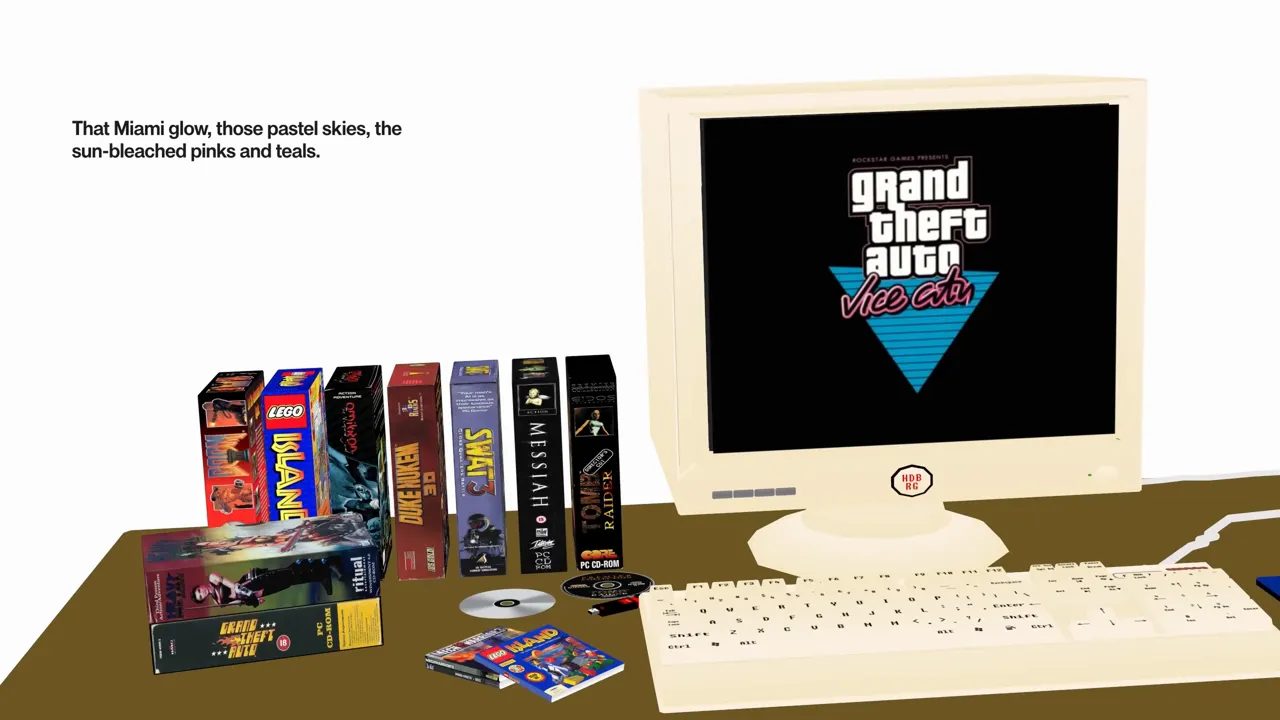 Monitor CRT retro afișând logo‑ul 'Grand Theft Auto: Vice City' cu triunghi neon