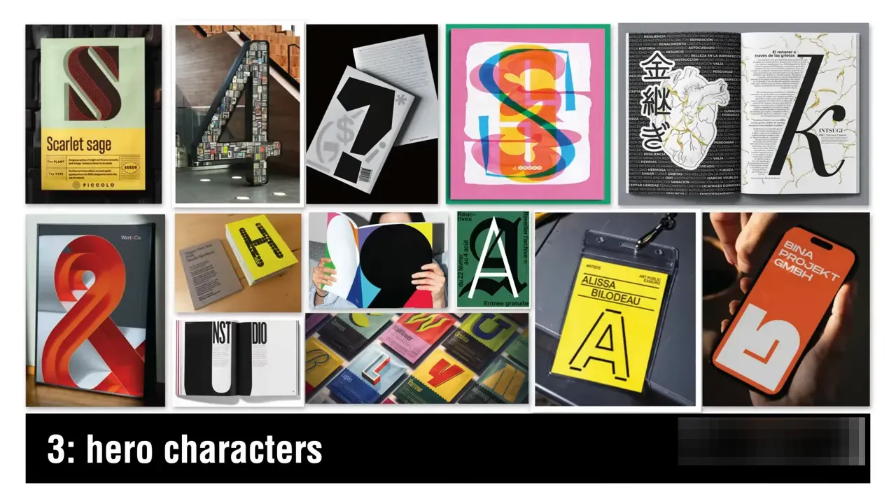 Matrice de imagini cu poster, packaging și tipografie mare ilustrând trendul 'hero characters'