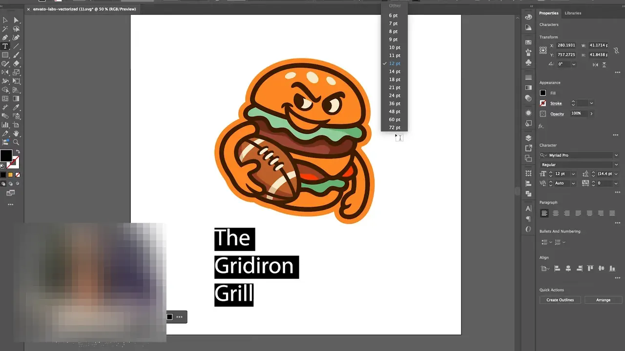 Screenshot Illustrator cu o mascote-burger pe artboard și blocuri de text