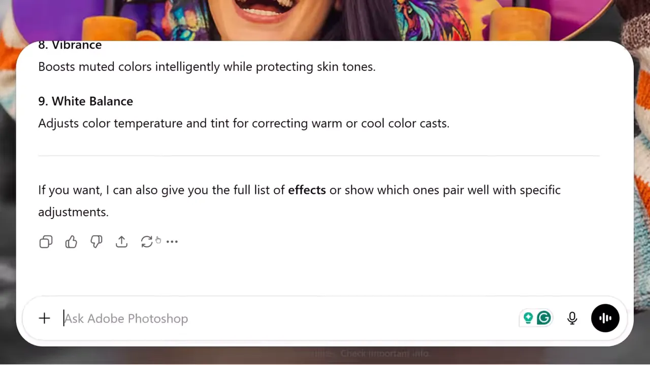 Captură clară a răspunsului ChatGPT afișând elemente din lista de ajustări: Vibrance, White Balance
