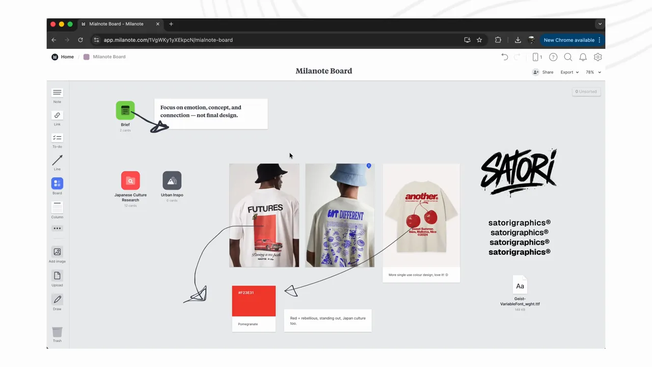 Milanote board cu mockupuri de tricouri, note, săgeți și paletă de culoare pentru inspirație