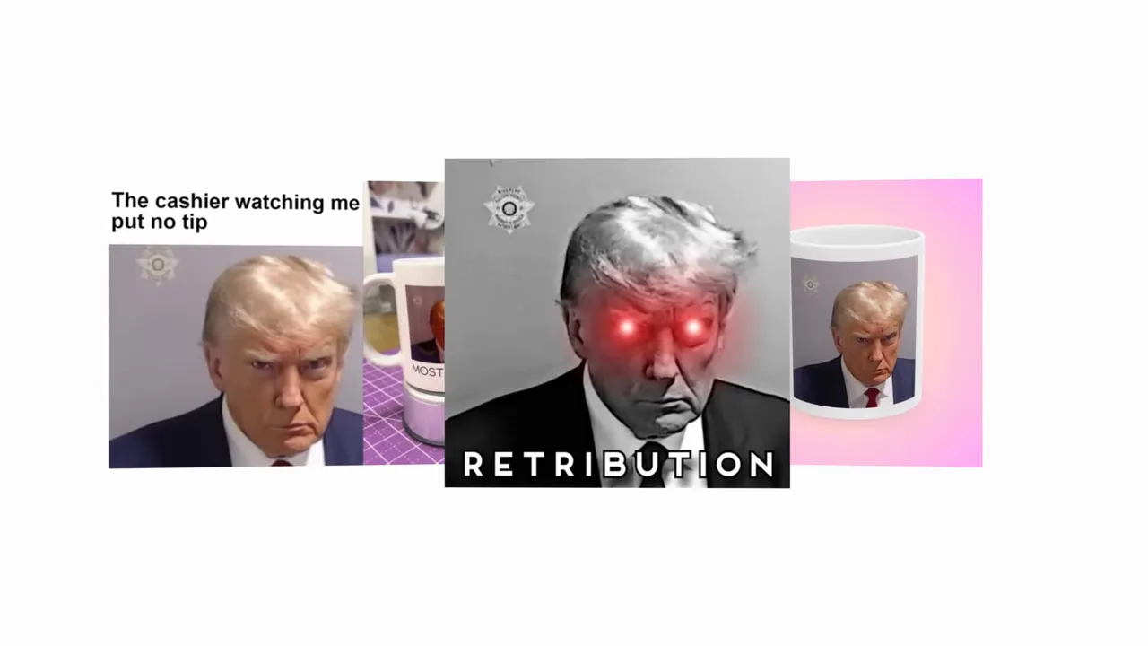 colaj cu portret tip mugshot stilizat în centru cu ochi roșii și produse merch pe fundal alb