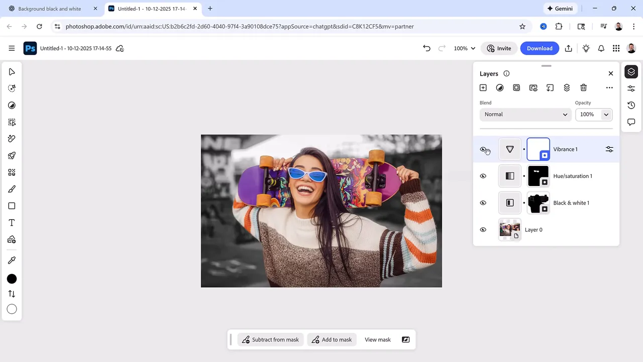 Photoshop on the web showing the Layers panel with Vibrance, Hue/Saturation and Black & White adjustment layers and their masks.