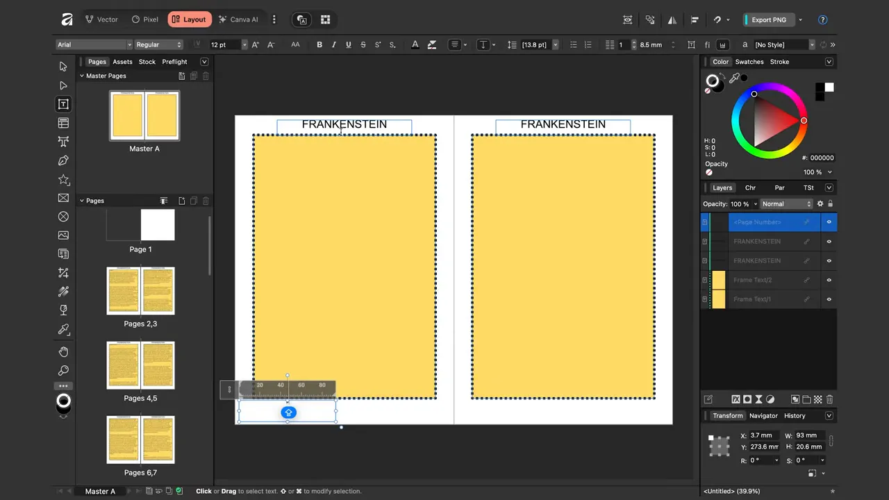 Frame de text în colțul unei pagini master în Affinity cu stratul <Page Number> selectat