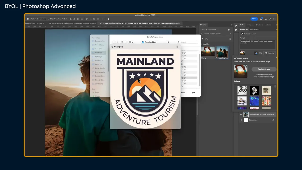 Interfață Photoshop cu panoul 'Reference Image' afișat și un logo folosit ca imagine de referință