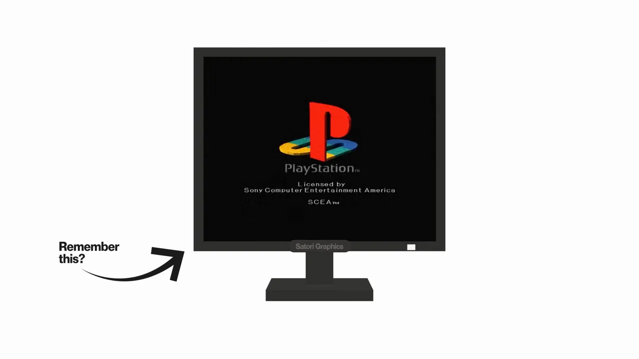 Monitor afișând sigla PlayStation pe fundal negru