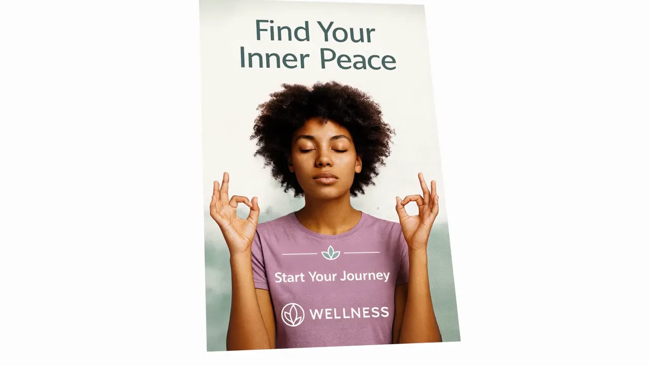 Poster prezentând o persoană meditând, titlu