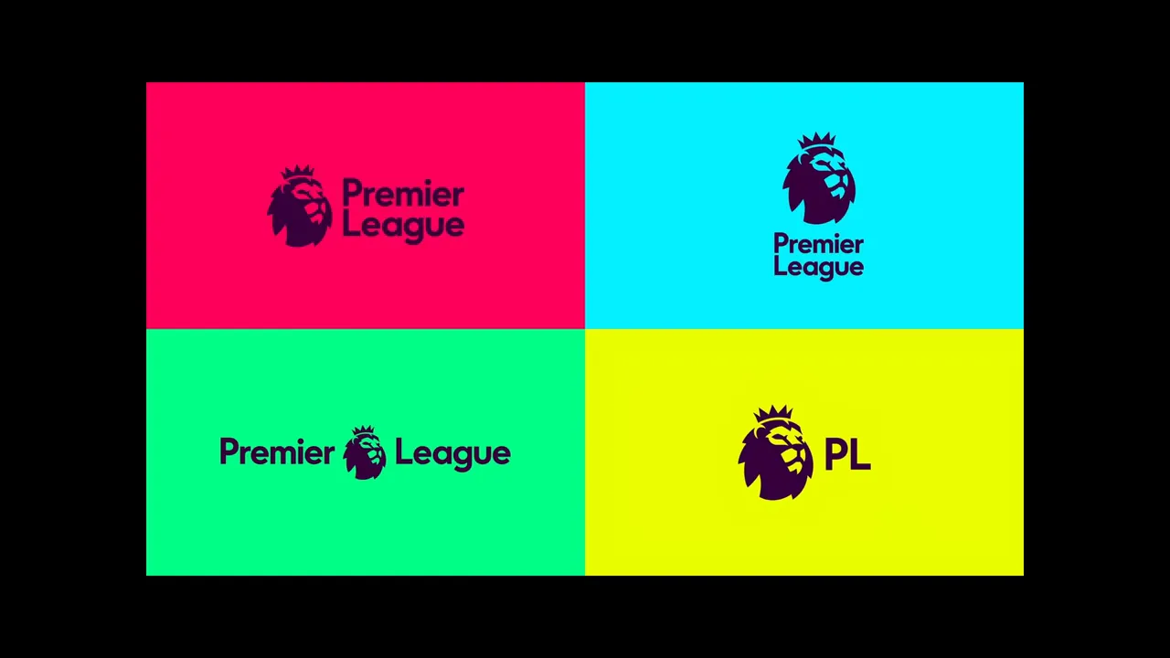 Patru versiuni vizuale ale logo-ului Premier League afișate în cadran colorat, ilustrând variante pentru contexte diferite.