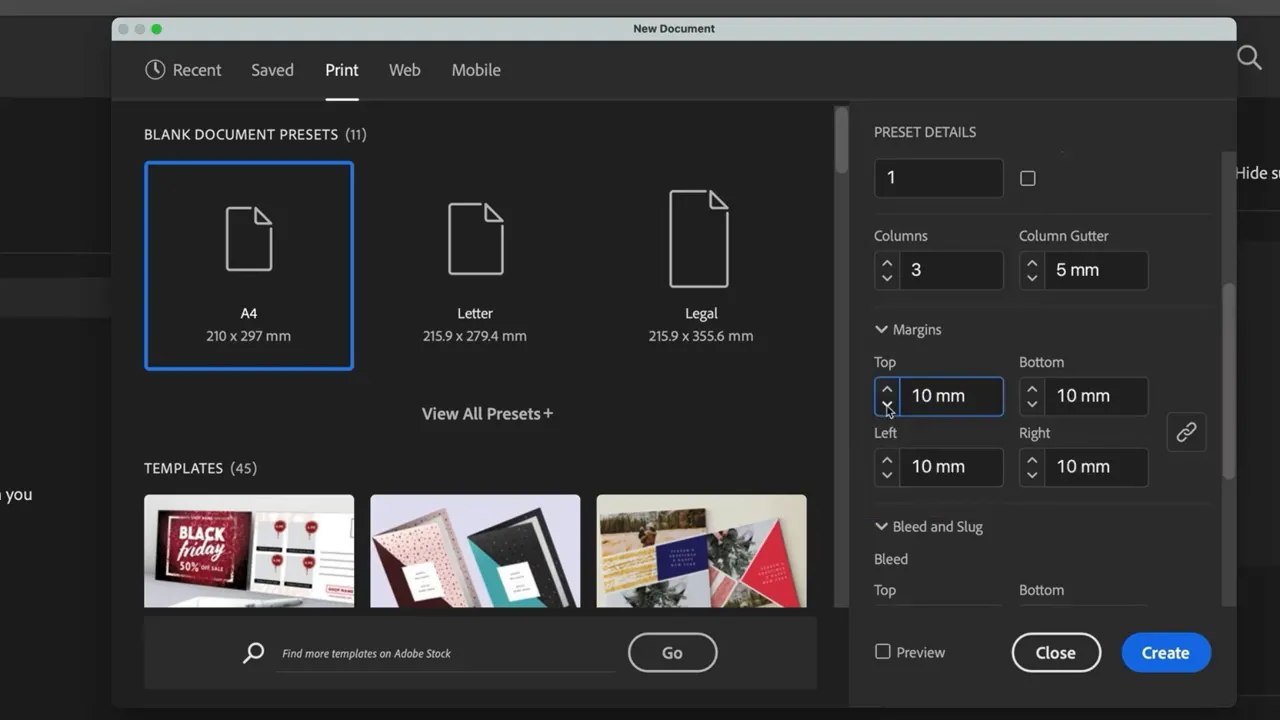 Dialog New Document InDesign cu 3 coloane, Column Gutter 5 mm și margini 10 mm