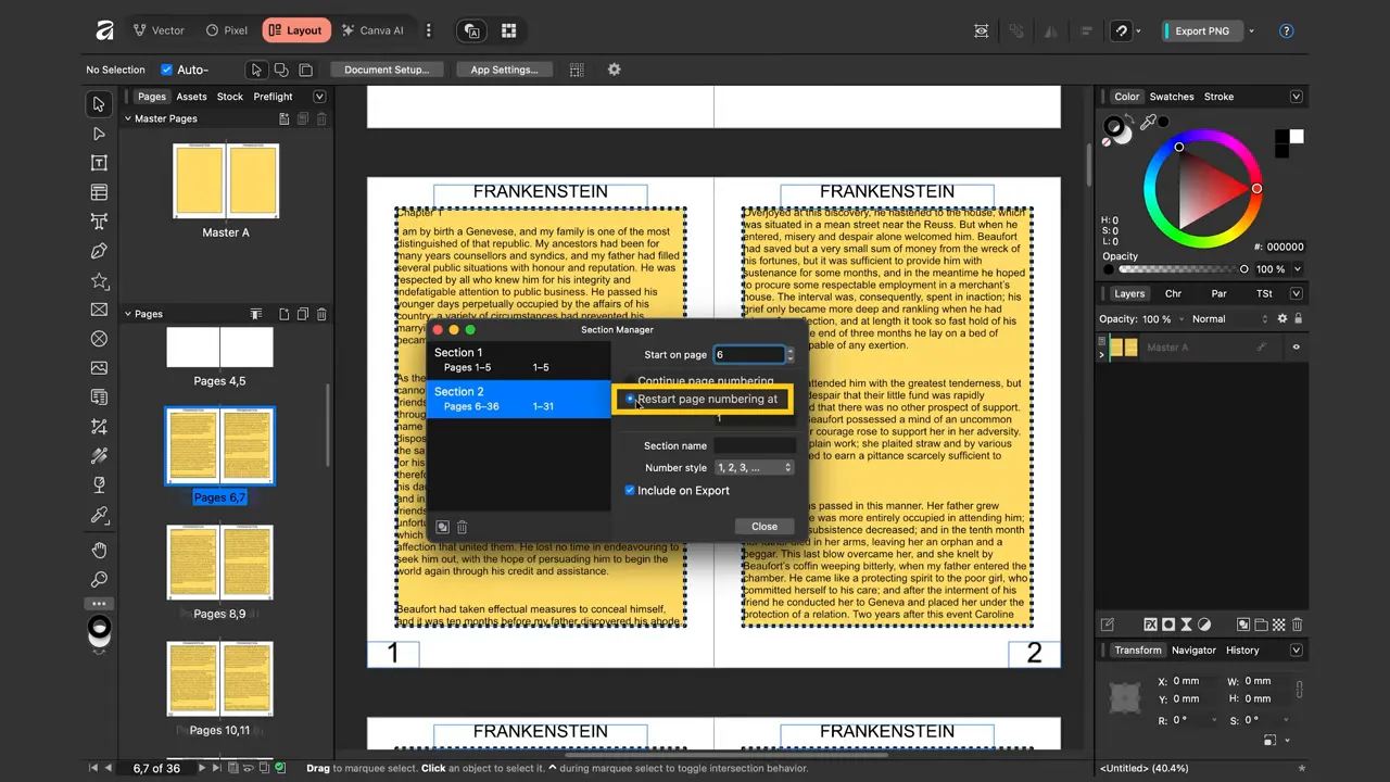 Affinity Section Manager cu opțiunea 'Restart page numbering at' activată și pagini numerotate 1 și 2 în layout