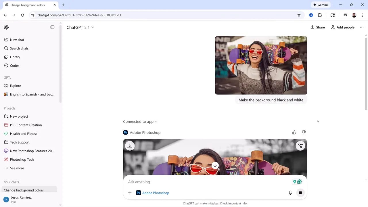 Interfața ChatGPT afișând imaginea originală și imaginea editată cu fundal alb-negru prin pluginul Adobe Photoshop