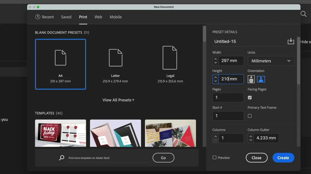 InDesign New Document set to landscape A4 297 x 210 mm with orientation selected