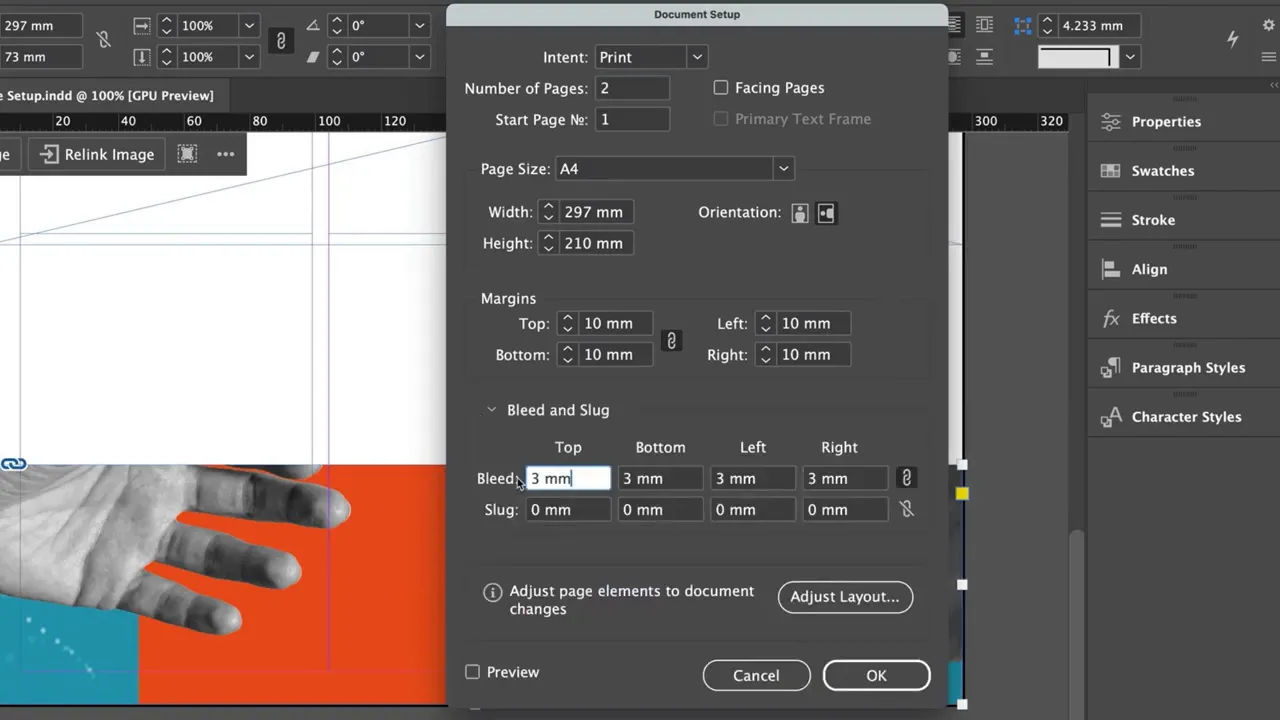InDesign Document Setup dialog with bleed set to 3 mm in all fields