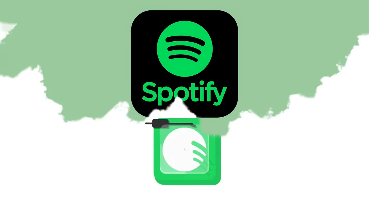 Logo-ul Spotify mare pe fundal negru cu pată verde de vopsea deasupra și o pictogramă turntable parțial vizibilă dedesubt