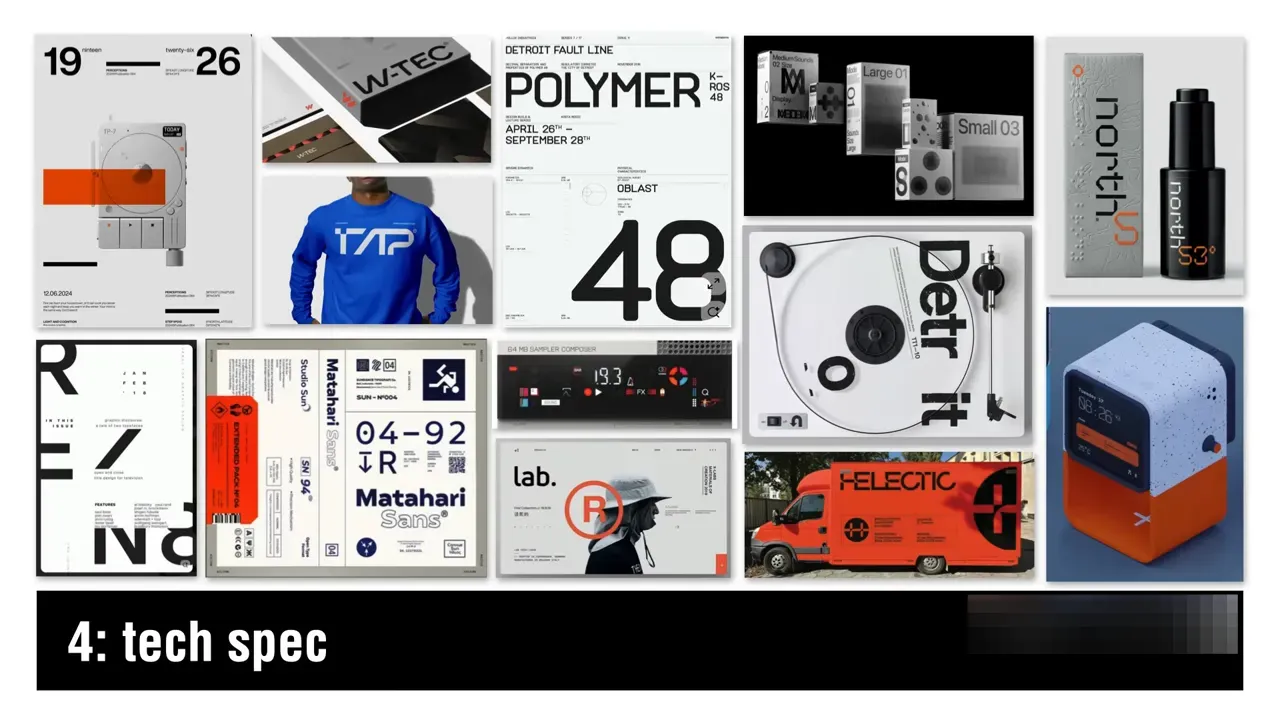 Colaj clar cu exemple Tech Spec: layouturi tehnice, tipografie bold și produse mockup