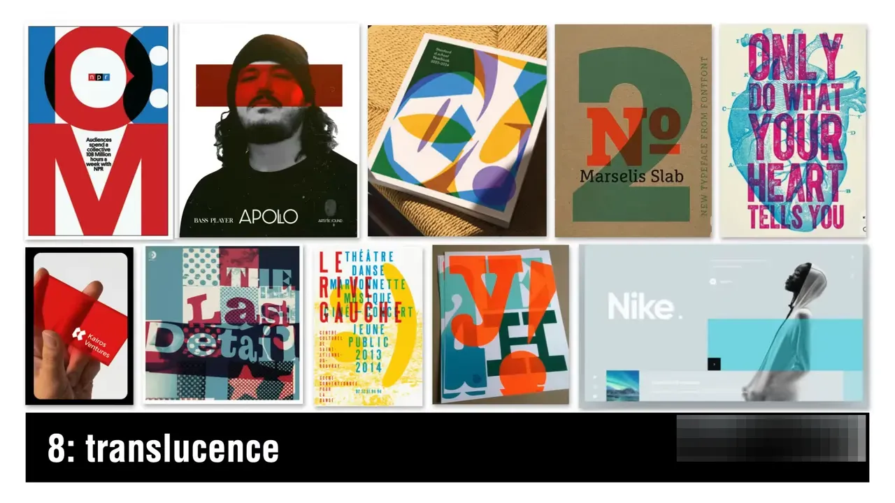 Colaj clar de exemple etichetat '8: translucence' ce arată suprapuneri și efecte translucide.