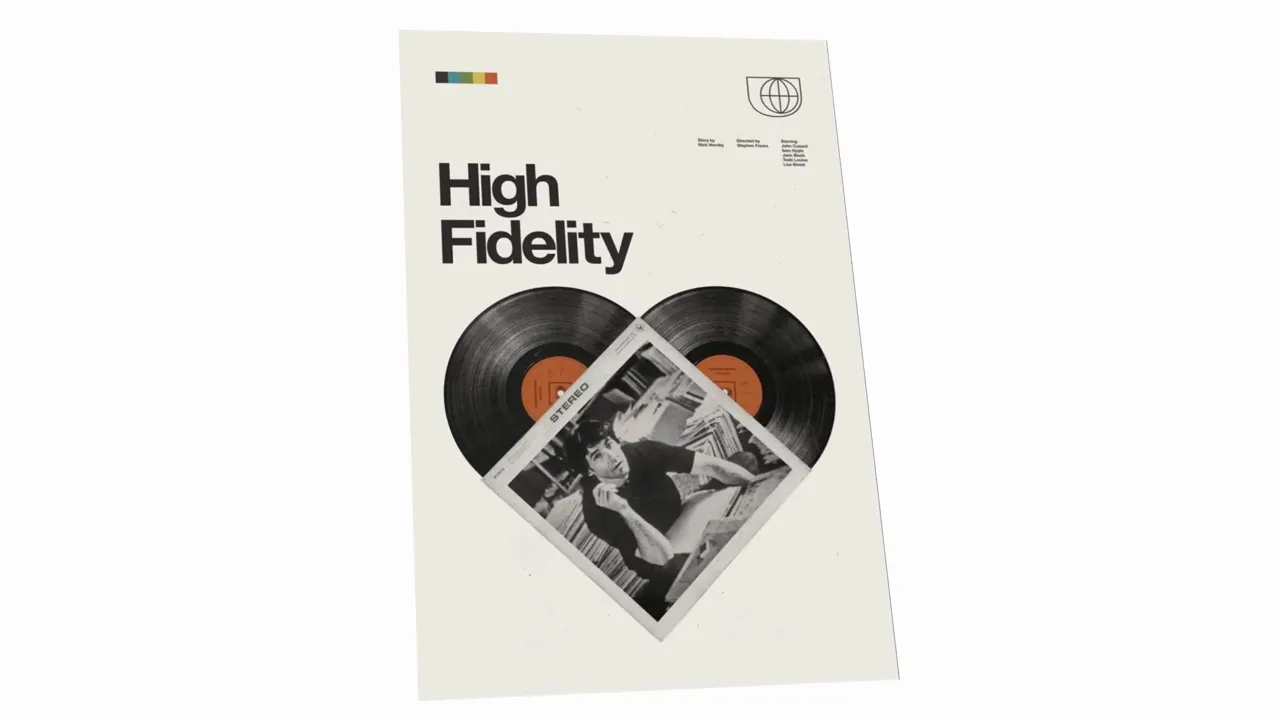 Poster 'High Fidelity' centrat cu două discuri vinil aranjate ca o inimă și o copertă plasată diagonal