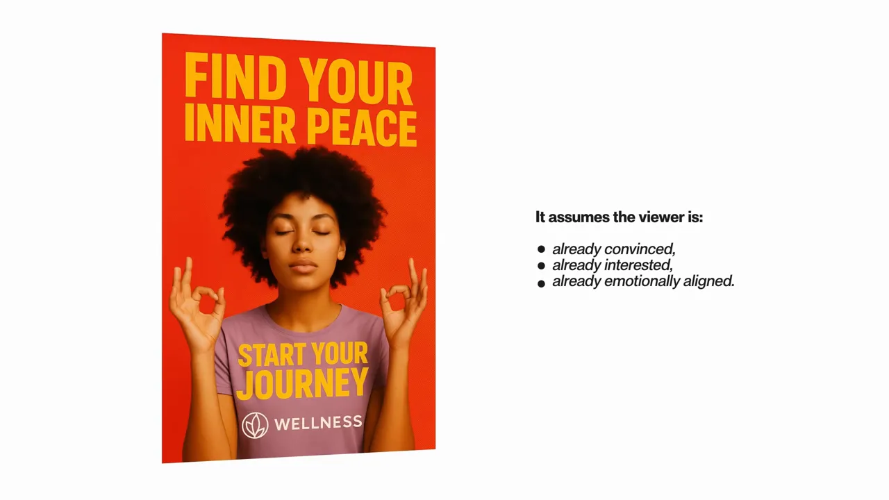 Wellness poster on the left with a block of critique text on the right listing how the design assumes the viewer is already convinced, highlighting the poster's overly aggressive approach.
